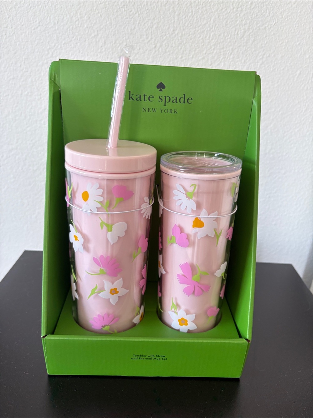 New In Box Kate Spade Pink Floral Waltz Tumbler & Travel Mug Set